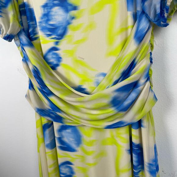 Ganni Printed Mesh Maxi Dress Strong Blue Green Floral Blue Square Neck 42 XL - Picture 8 of 16